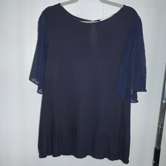 Loft navy knit blouse Sz M sheer glitter flutter sleeves keyhole back - Picture 1 of 6